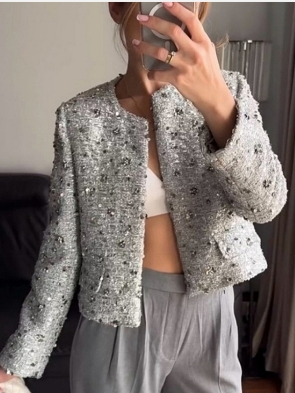 Zara tweed textured sequined blazer  silver gray size XL - Picture 5 of 14